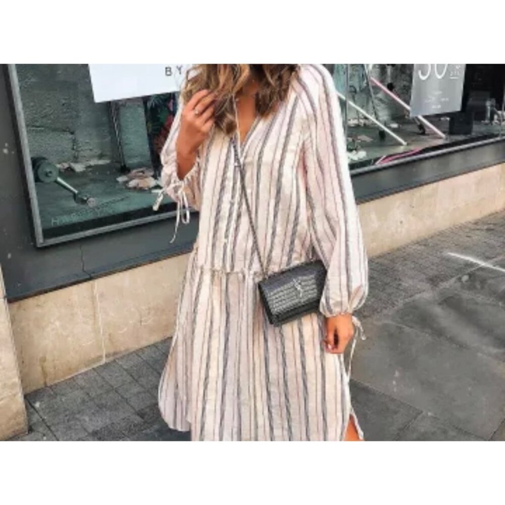 Zara Tiered Midi Dress V Neck Stripe Long Sleeve Lightweight Multicolor Sz S